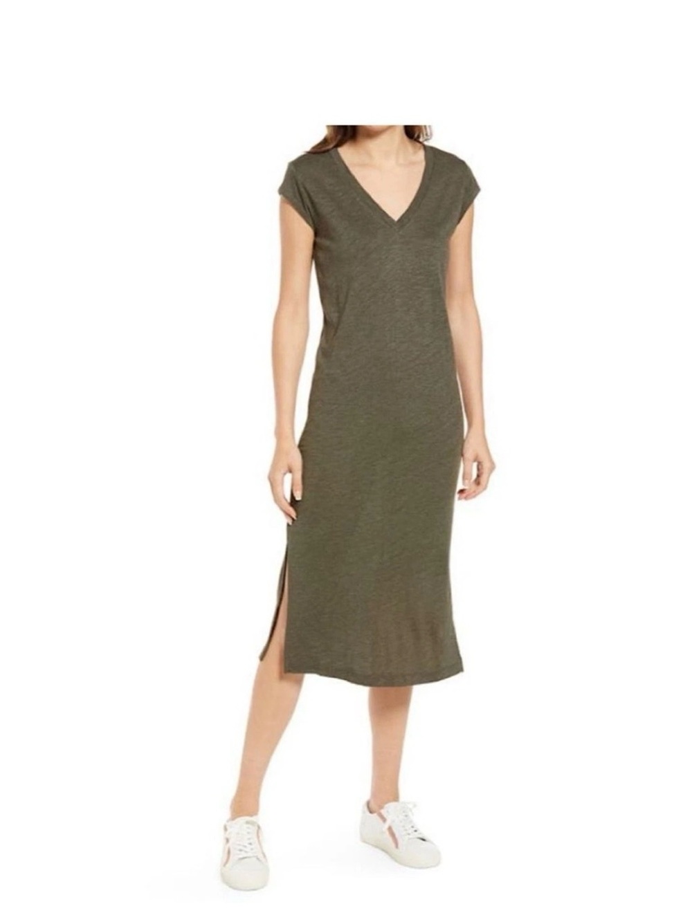 Madewell Olive V-Neck Midi Dress with Side Slit